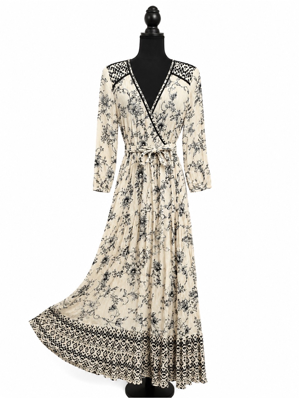 Knox Rose Maxi Dress Medium Ivory Black Floral Faux Wrap Boho Prairie Rayon - Picture 1 of 7
